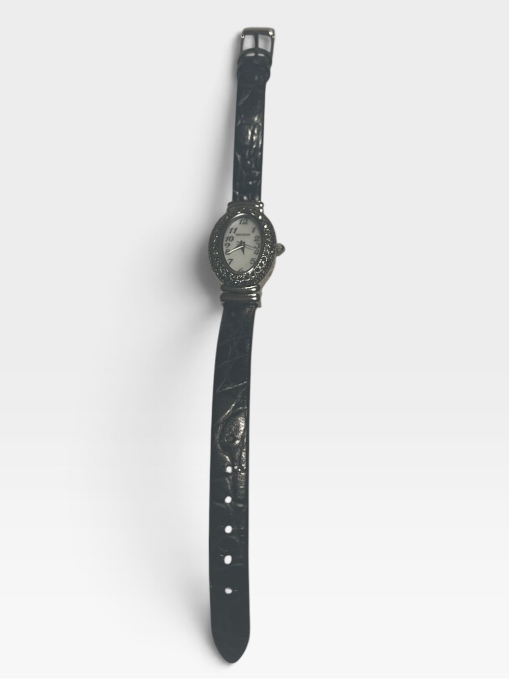 Waltham Women’s Oval Rhinestone Black Leather Quartz Watch Y2K - Picture 3 of 10